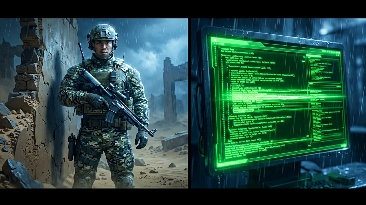 A side-by-side visual comparing a high-resolution tactical camouflage suit blending into a wall with a glowing green codec communication interface.