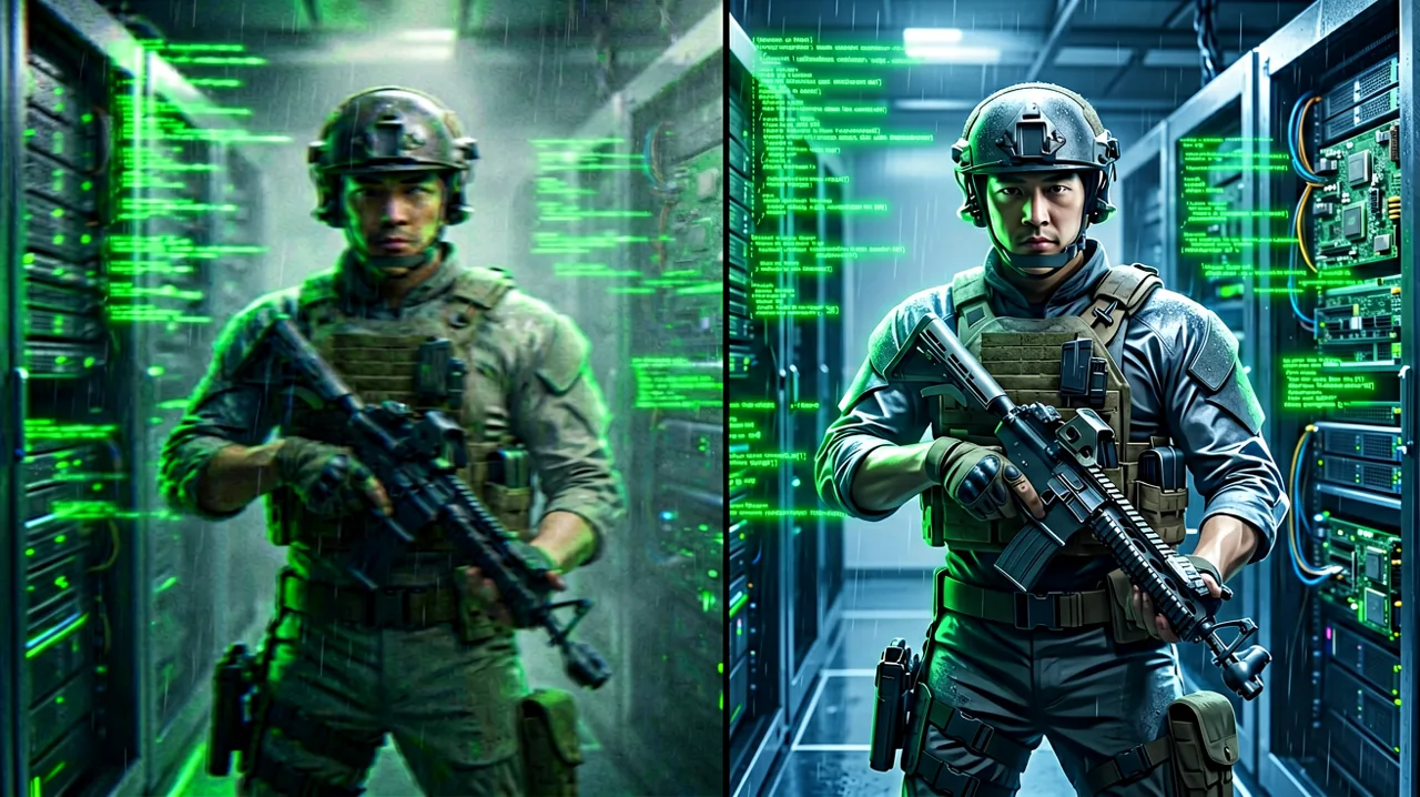 A side-by-side technical comparison concept featuring a stealth operative in a high-tech facility, showcasing framerate and resolution differences.
