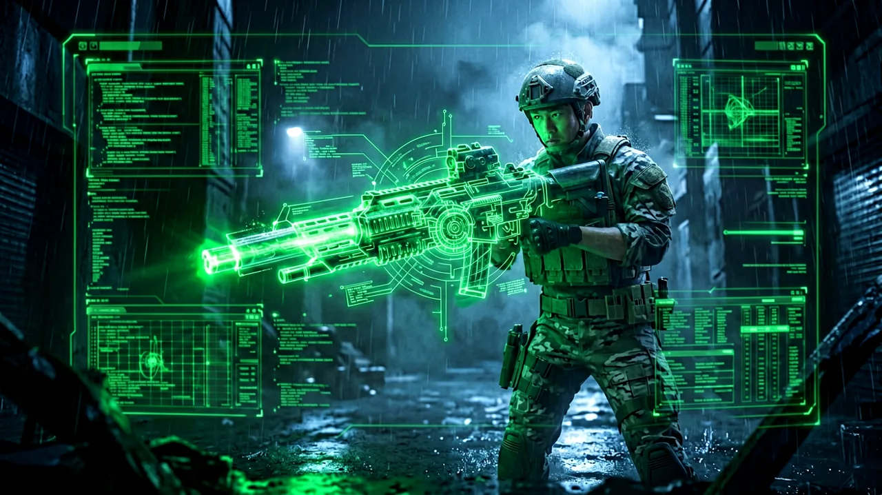 A green-tinted codec interface analyzing weapon data over a dark infiltration scene.