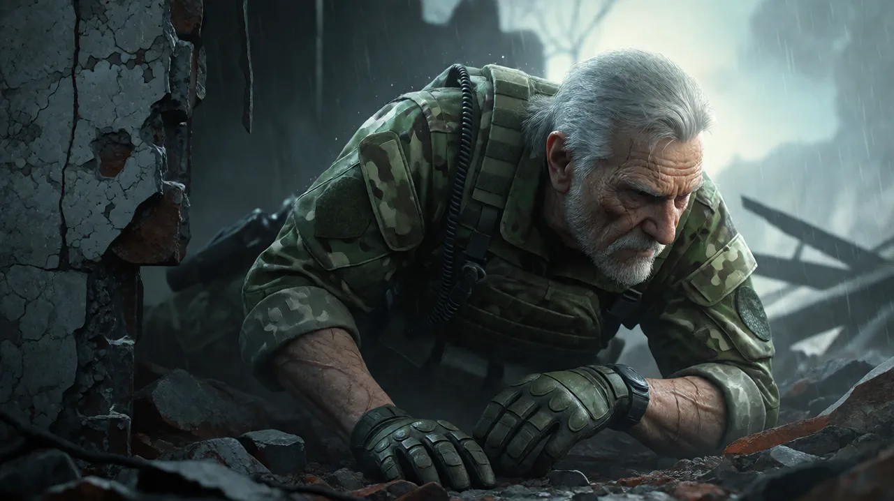 An elderly tactical operative archetype wearing adaptive camouflage crawling through dusty battlefield ruins.