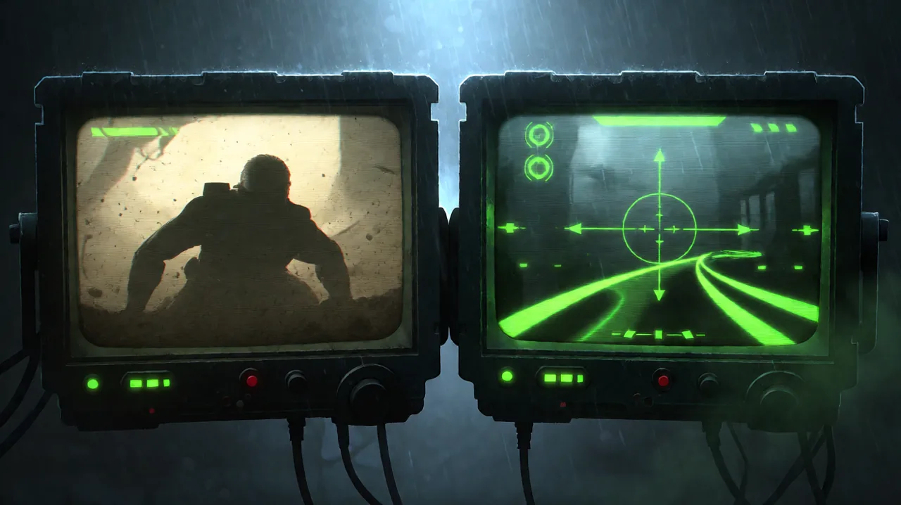 Tactical concept art showing a veteran stealth operative transitioning between classic and modern displays.