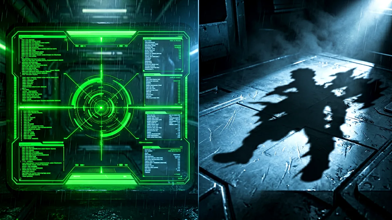 A side-by-side comparison of sharp green tactical codec data and jagged shadows on a metallic surface.
