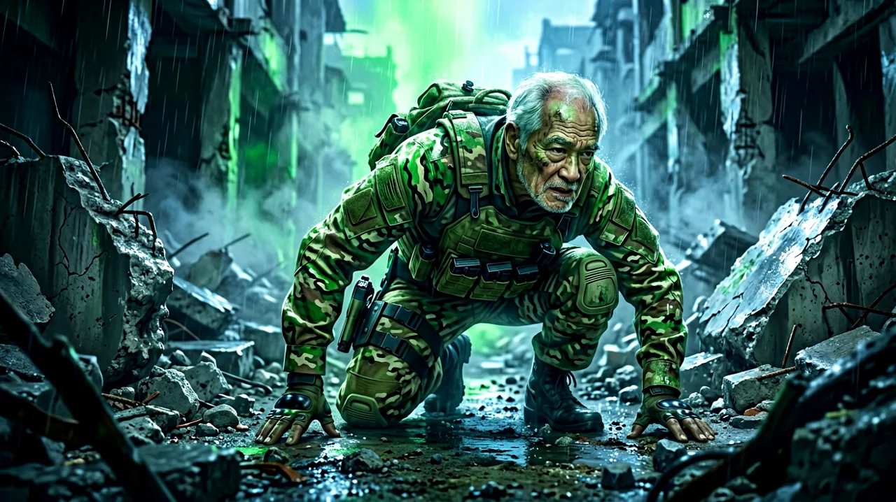 An elderly sneaking agent using active camouflage against a war-torn battlefield ruin.