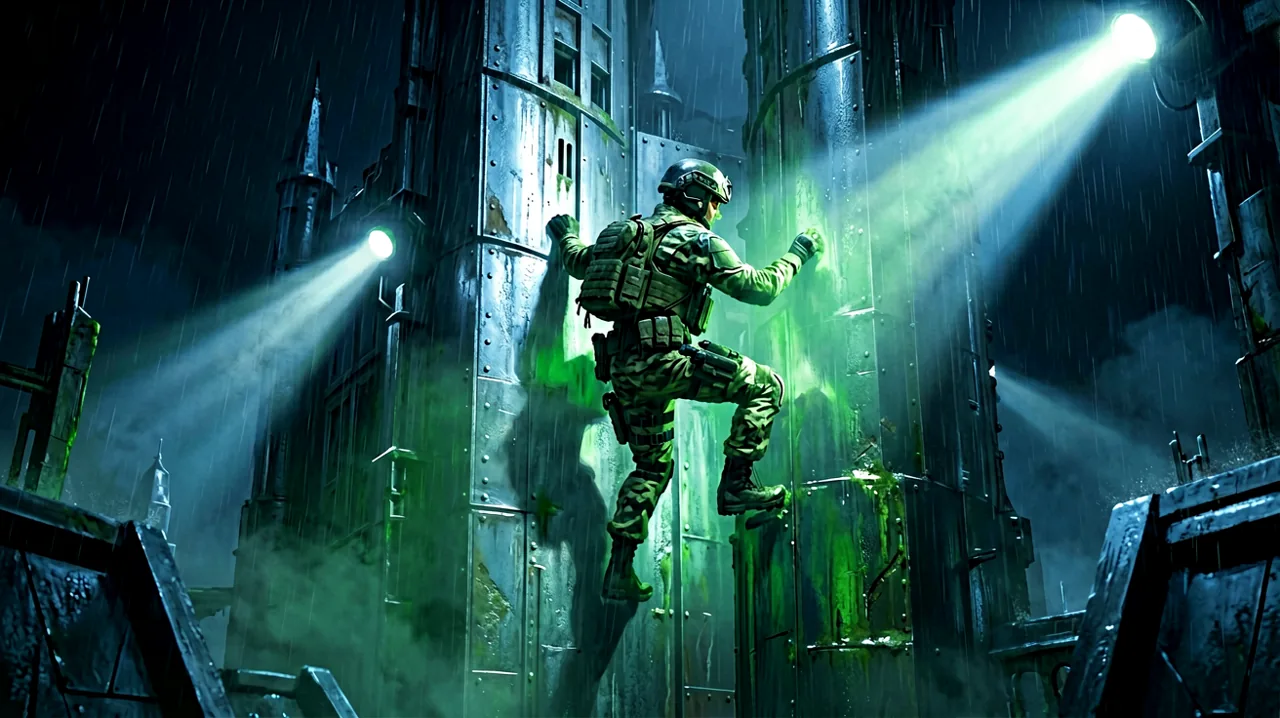 A lone operative scaling a retro-style metallic fortress under searchlights, emphasizing the 2D stealth essence of Ghost Babel without revealing faces.