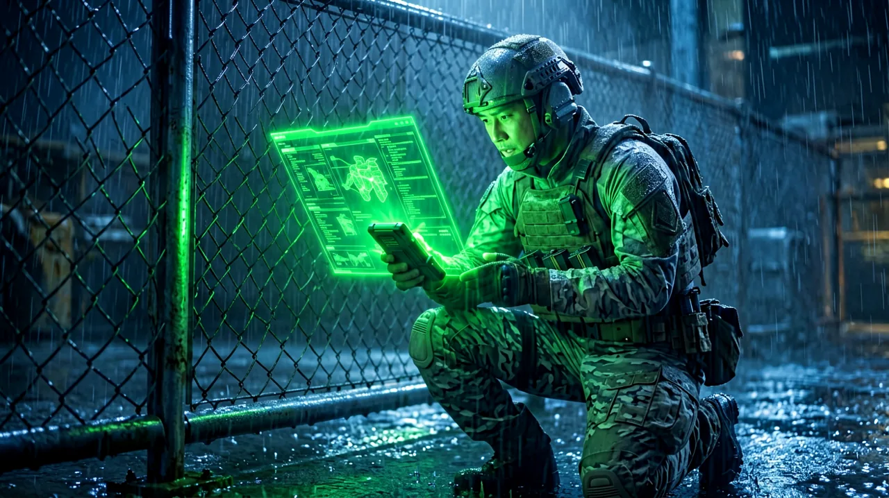 A tactical operative kneeling in the rain near a metal fence, communicating via codec, bathed in green light.