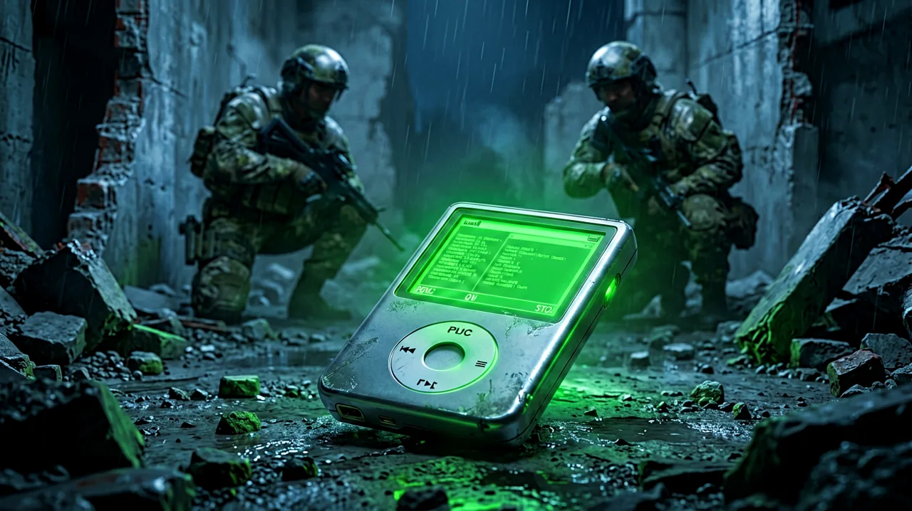 A glowing digital audio player resting on a battlefield with the silhouette of an aged operative in the background.