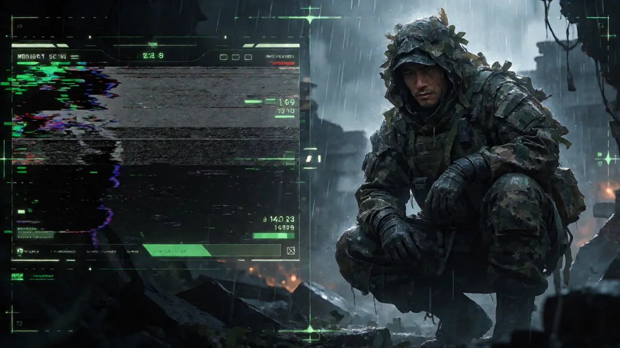 A side-by-side display showing a corrupted green codec transmission next to a high-resolution operative in the rain, symbolizing technical troubleshooting.