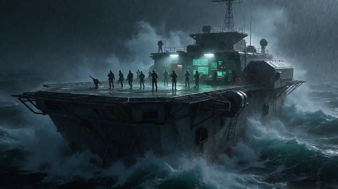 A lone tactical operative observing an offshore ocean base from a cliff, rendered in a moody, codec-inspired green hue.