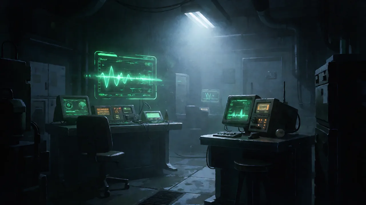 A stylized green codec frequency interface illuminating a dark tactical communication center.