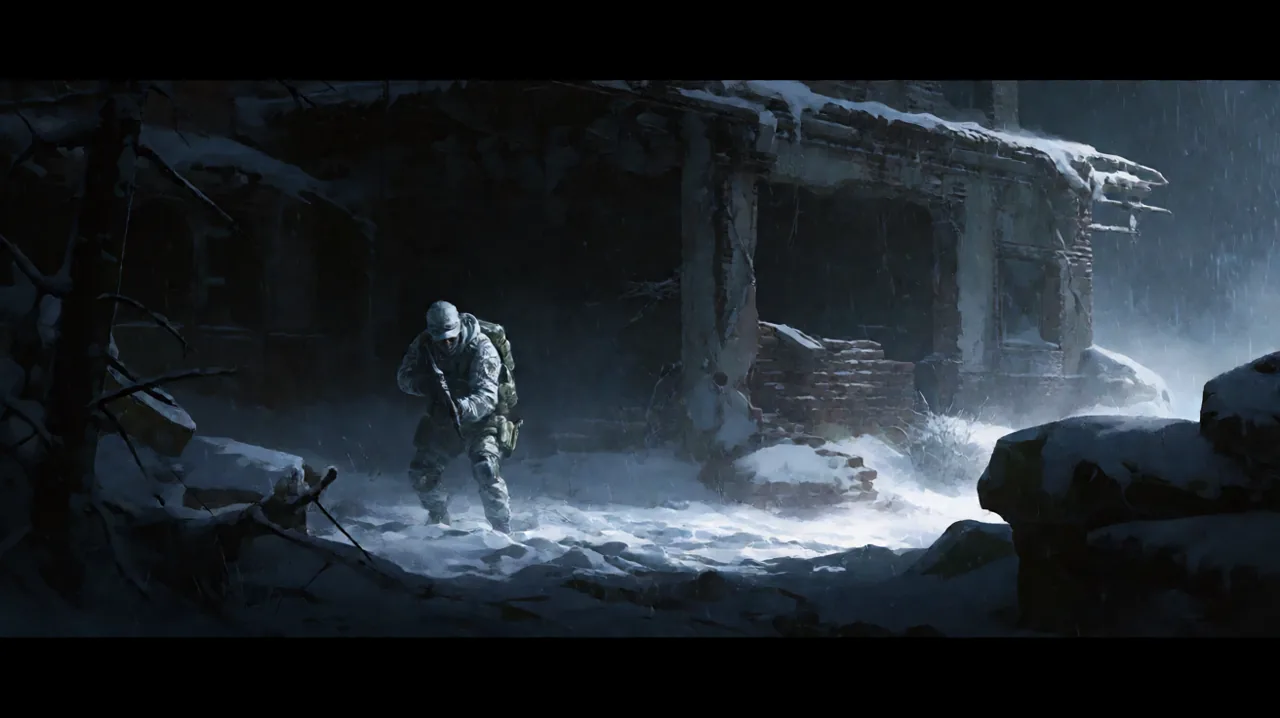 An aging infiltrator in winter camouflage crawling through a snowy abandoned military base.