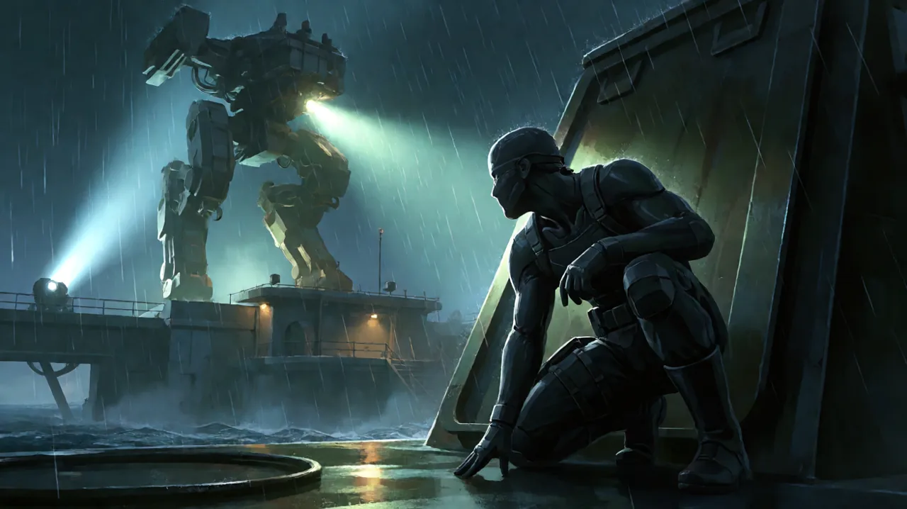 A tactical operative crouching on a rainy offshore base, observing a mechanical walker under searchlights.