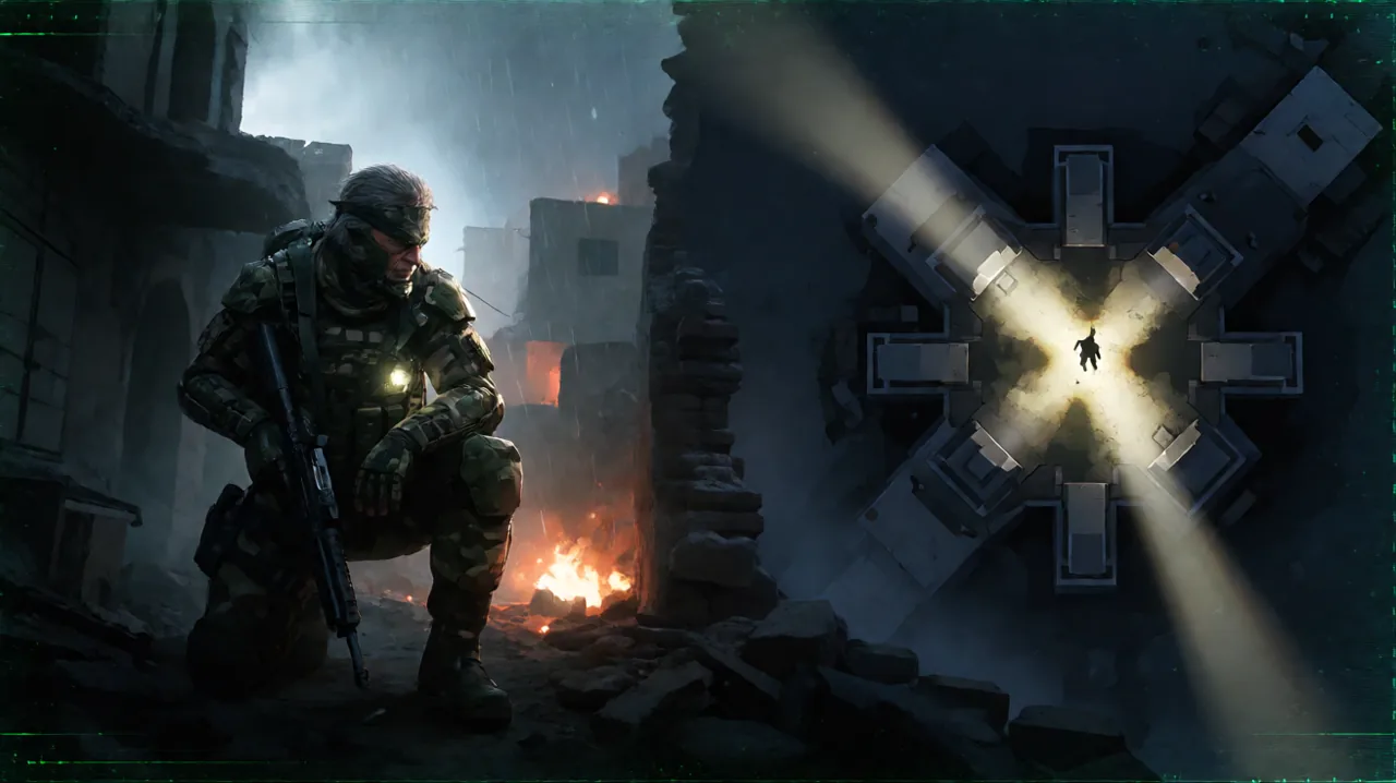 Concept art showcasing the evolution of tactical espionage from a retro top-down fortress to modern battlefield camouflage