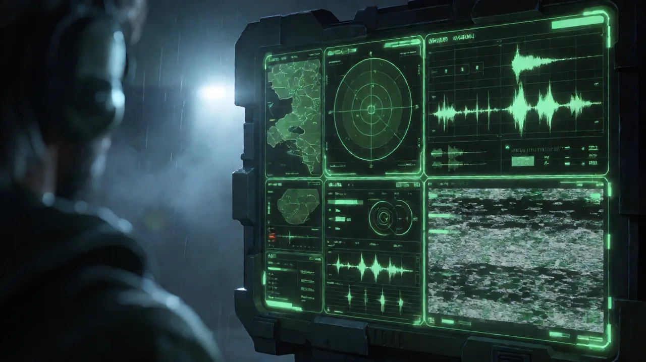 A glowing green tactical communications interface split into a multi-panel grid showing stealth data.