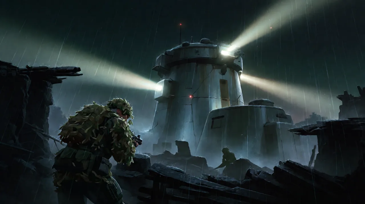 An isolated metallic fortress illuminated by searchlights, observed by an elderly infiltration agent in tactical camouflage crawling through ruins.
