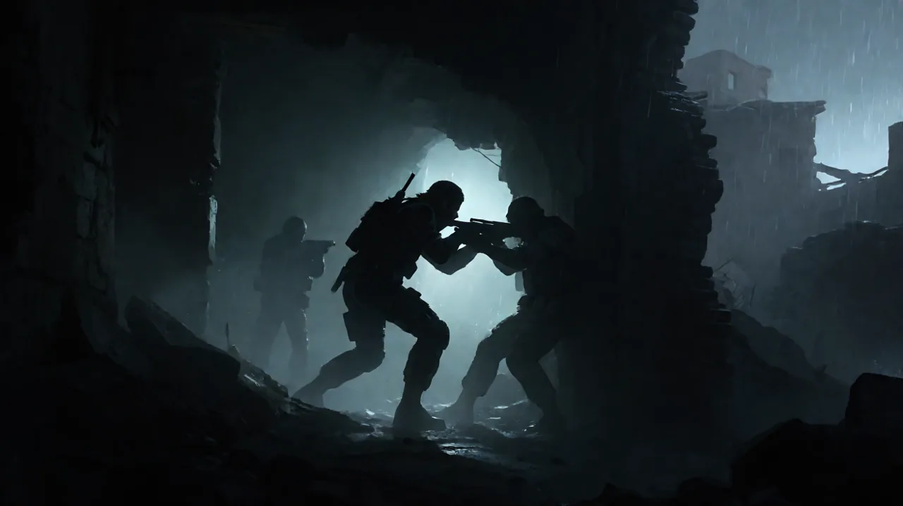 Dynamic silhouette of a tactical infiltration agent in a close-quarters combat face-off against a guard.