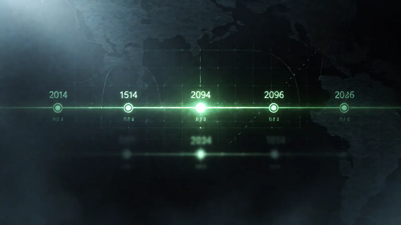 A glowing green holographic timeline interface displaying dates in a dark tactical environment.