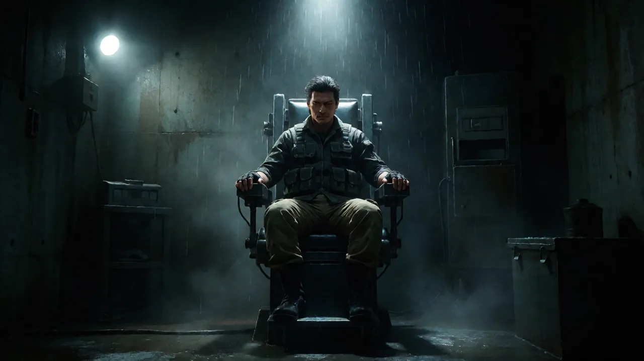 A tense silhouette of a captive operative struggling under harsh mechanical restraints and bright lights.