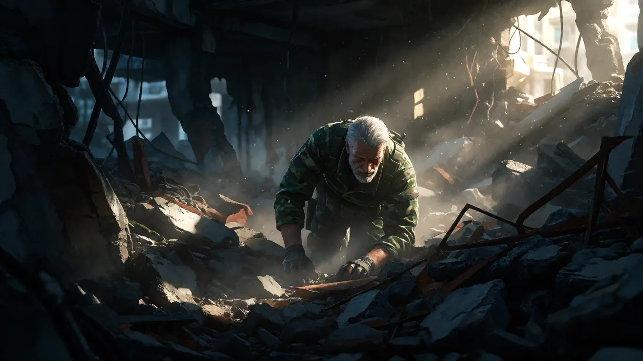 A lone operative in tactical camouflage crouches in the shadows of a war-torn ruin, illustrating the grim, mature themes of MGS4's battlefield.