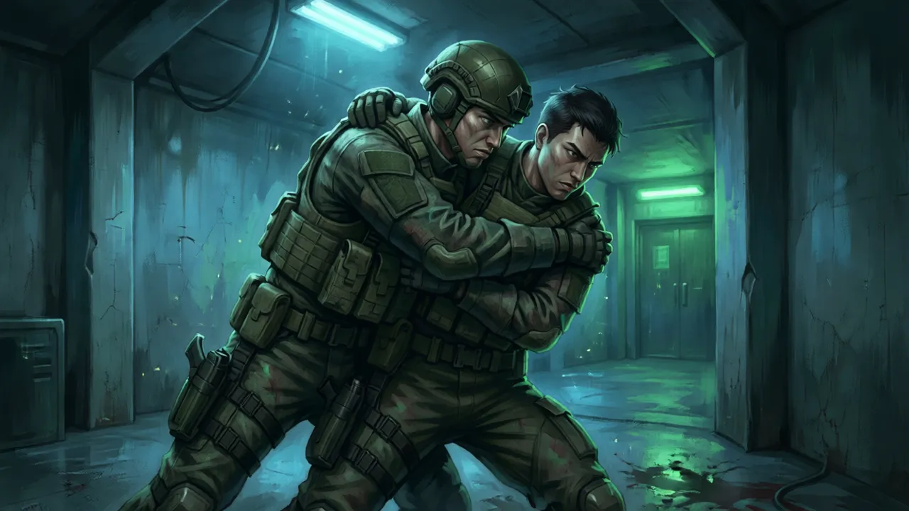 Soldier grappling a guard from behind in a stealth takedown