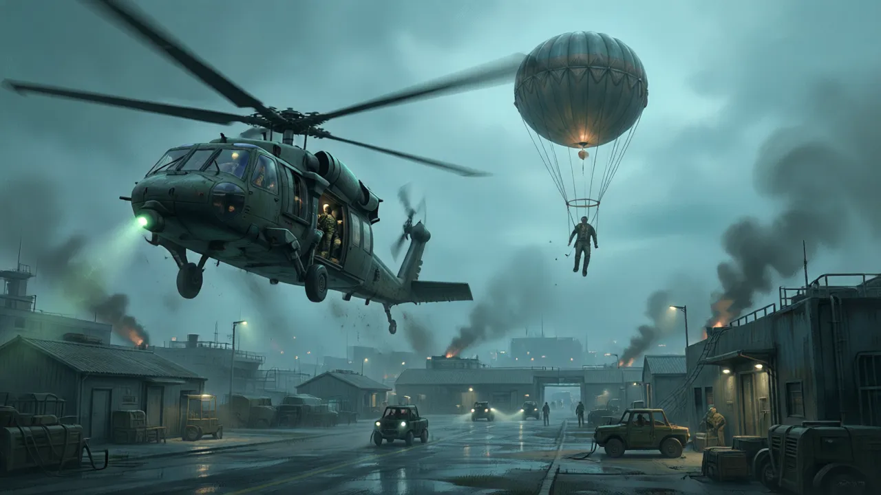A soldier being lifted into the sky by a recovery balloon